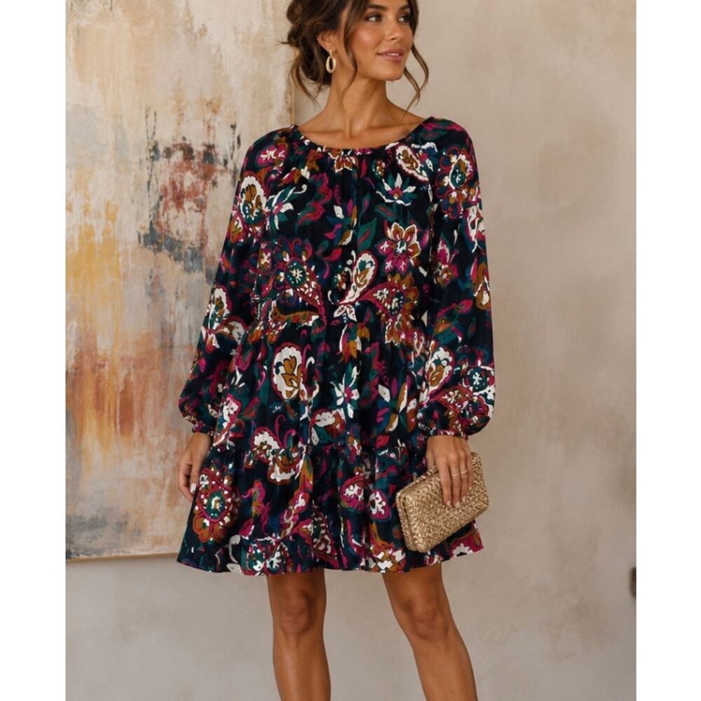 LOFT Outlet Floral Paisley Long Sleeve Tiered Mini Dress wedding guest boho M